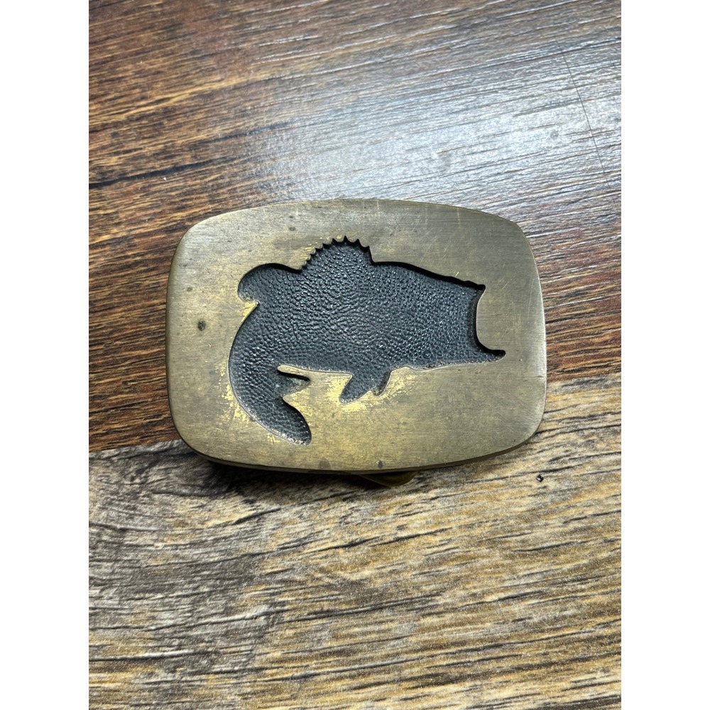 Vintage 1978 BTS Solid Brass Bass Fish Belt Buckle Made in USA Fishing Outdoor